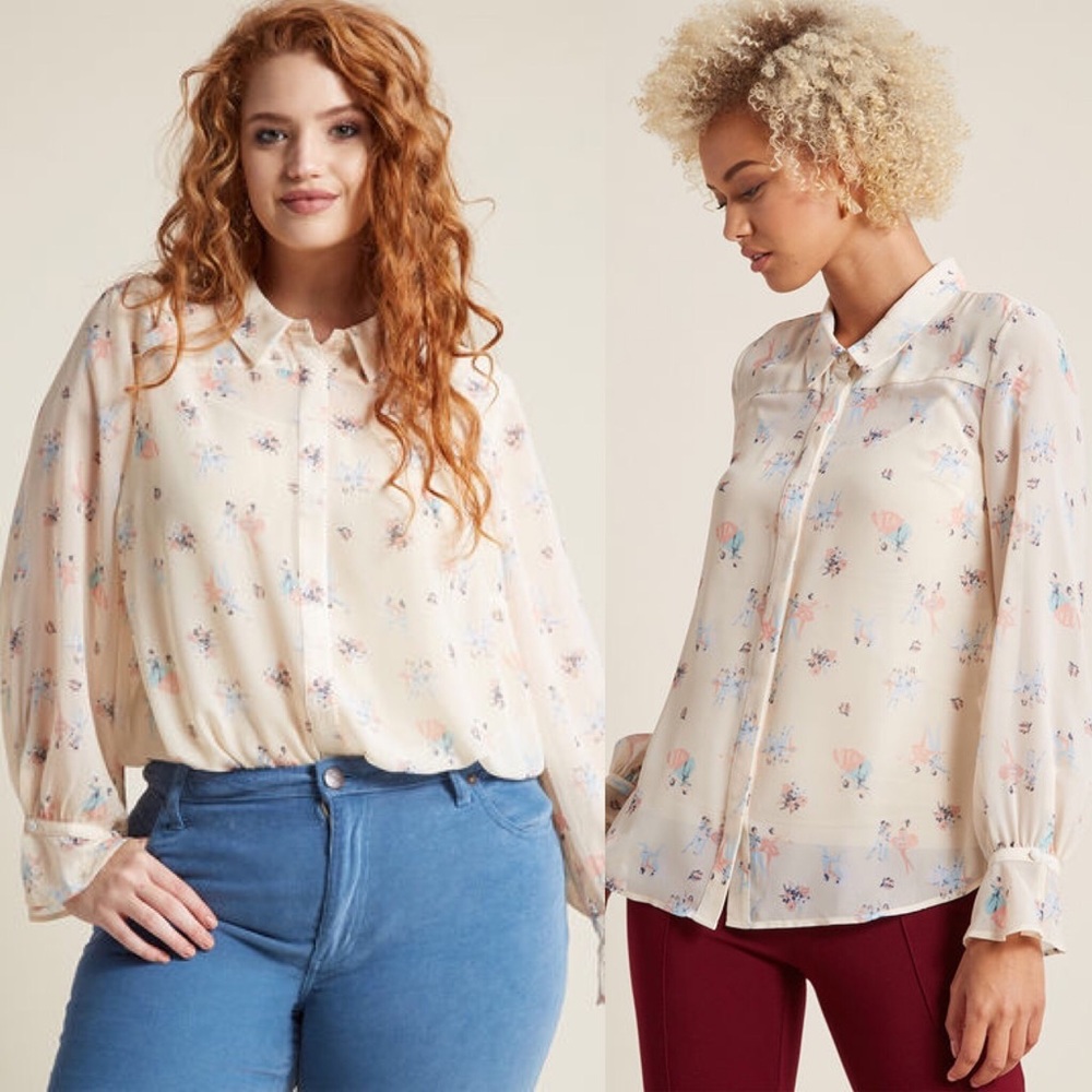 ModCloth Sheer Button Up Top Ballerina Print